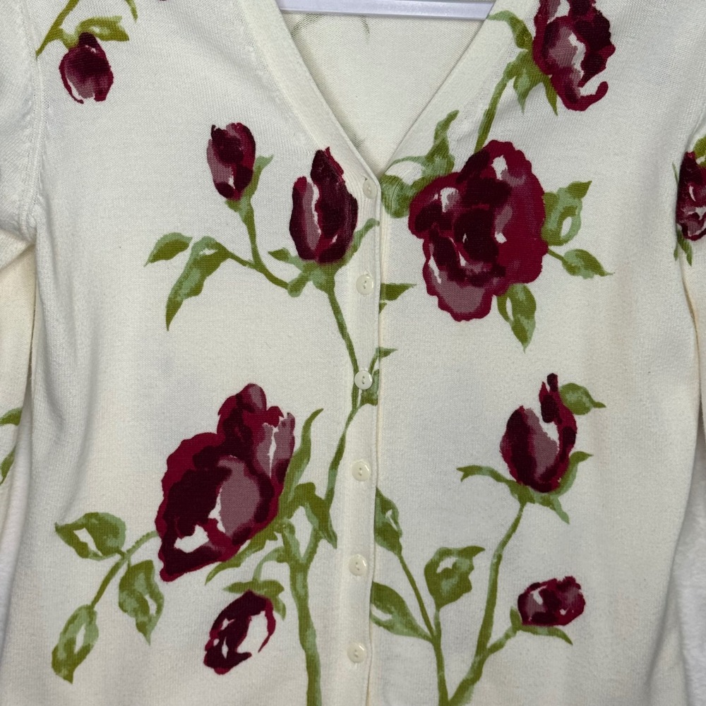 Blushe Spiegeltm Cream Rose Floral Button Cardigan Sweater Valentines L Cotton - Picture 2 of 4